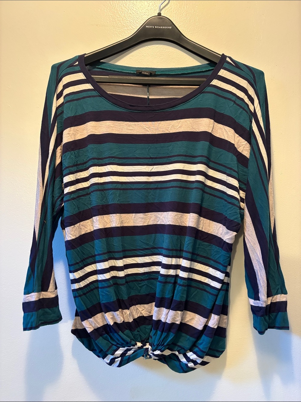Ann Taylor Teal, Navy & White Striped Knot-Hem 3 quarter Sleeve Top